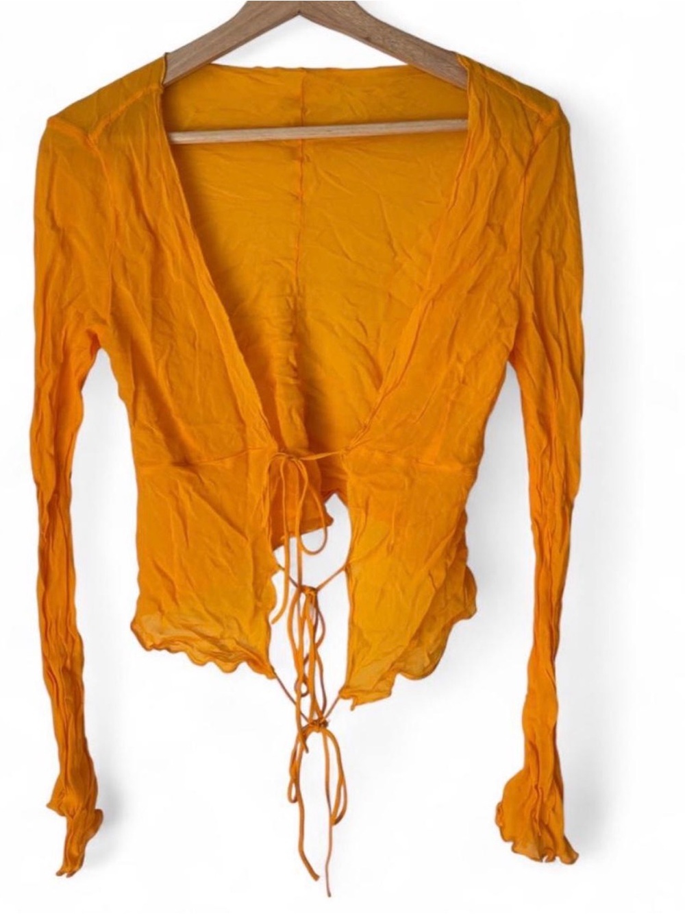Zara Tie-Front Long Sleeve Sheer Top yellow orange S